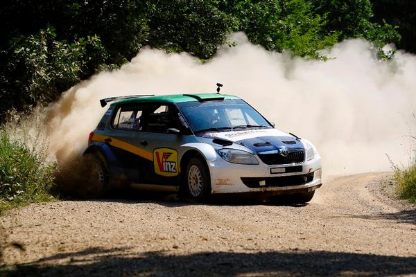 Hayden Paddon tests his Skoda Fabia S2000 rally car in Austria prior to WRC Rally Finland